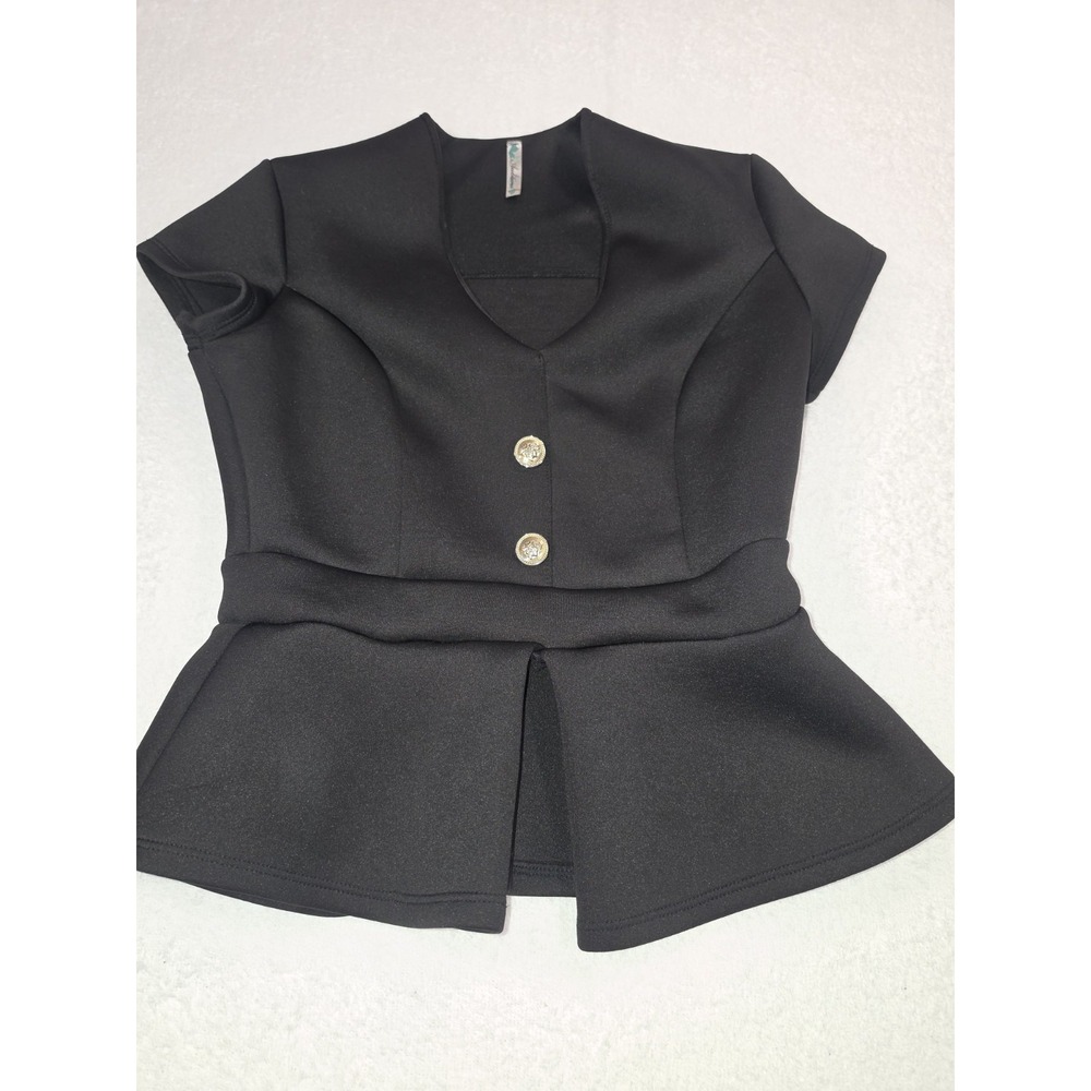 Audition Black Peplum Short‑Sleeve Blouse – Gold Button Detail – Women's